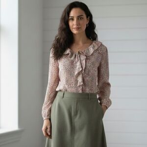 Talbots Floral Ruffle Pintuck Cotton Blouse Sz L